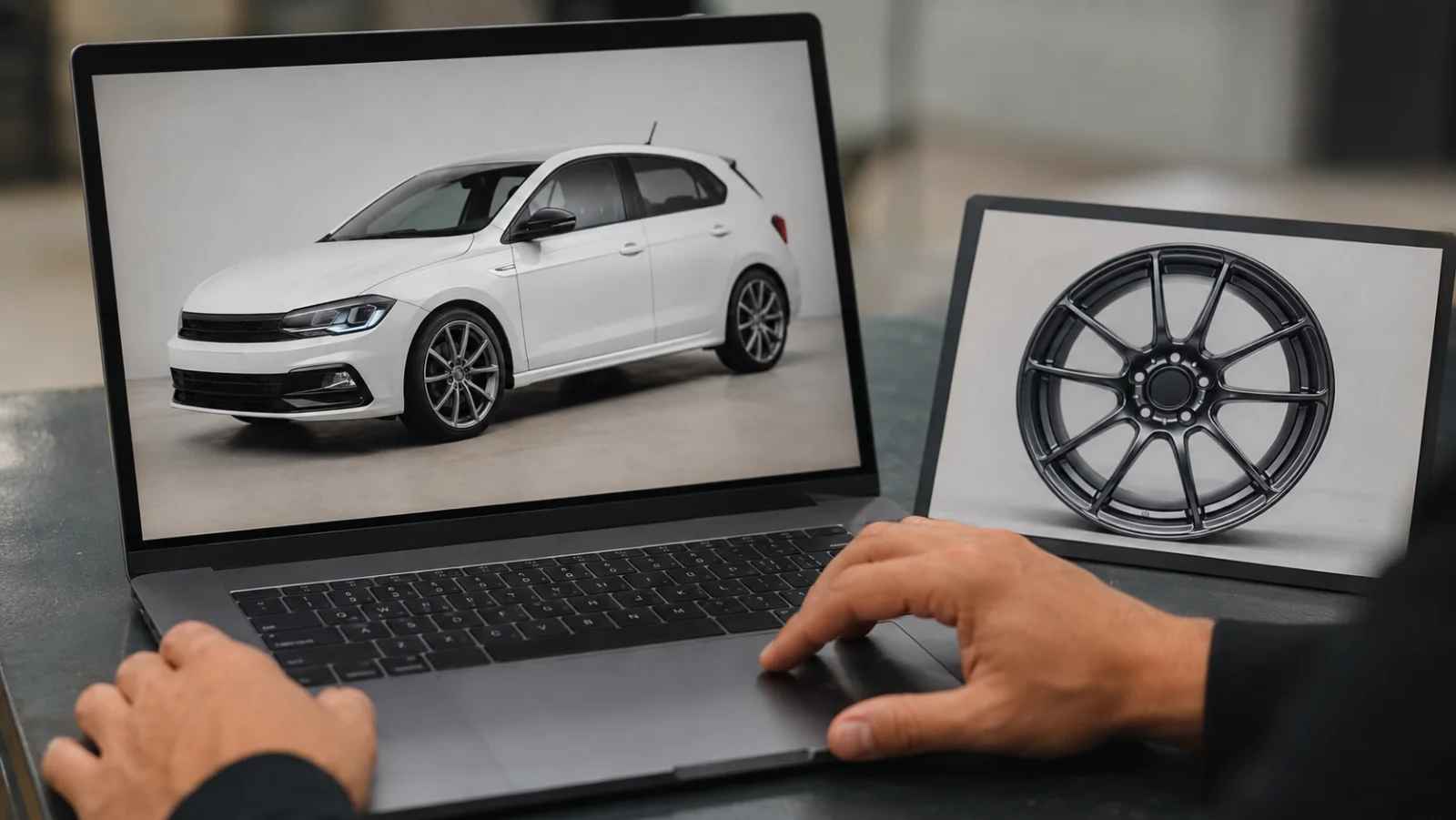 Notebook com foto de um hatch branco e tablet com uma roda esportiva frontal