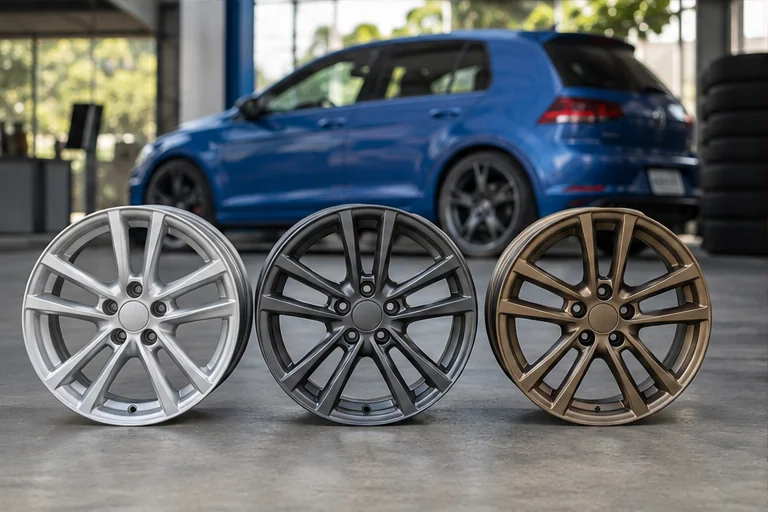 Ilustração de rodas prata, grafite e bronze diante de um carro azul.