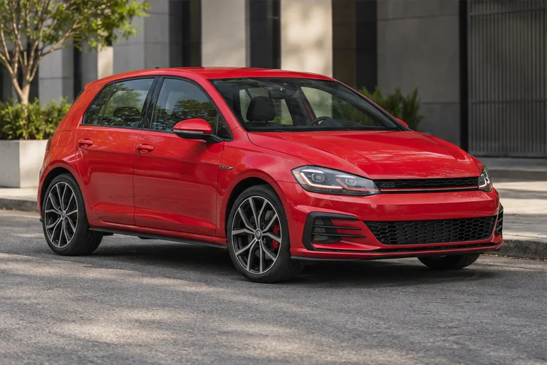Ilustração de um Volkswagen Golf GTI para orientar a escolha estética das rodas.