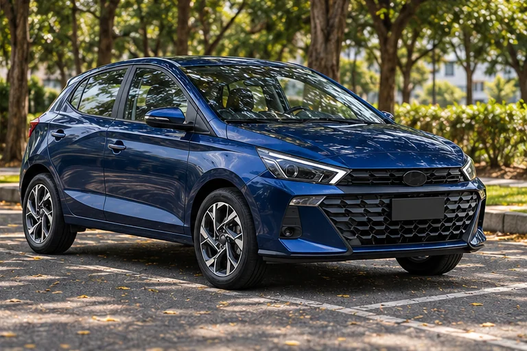 Ilustração de um Hyundai HB20 azul com as rodas visíveis.