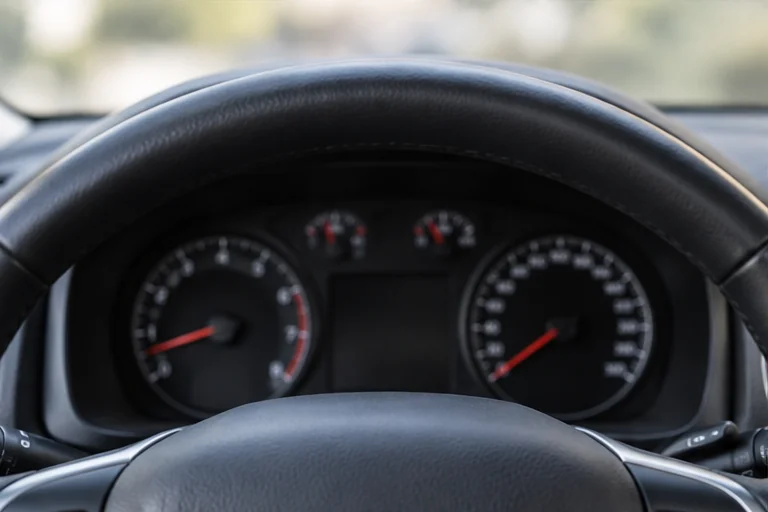 Ilustração do volante e do painel de instrumentos de um carro.