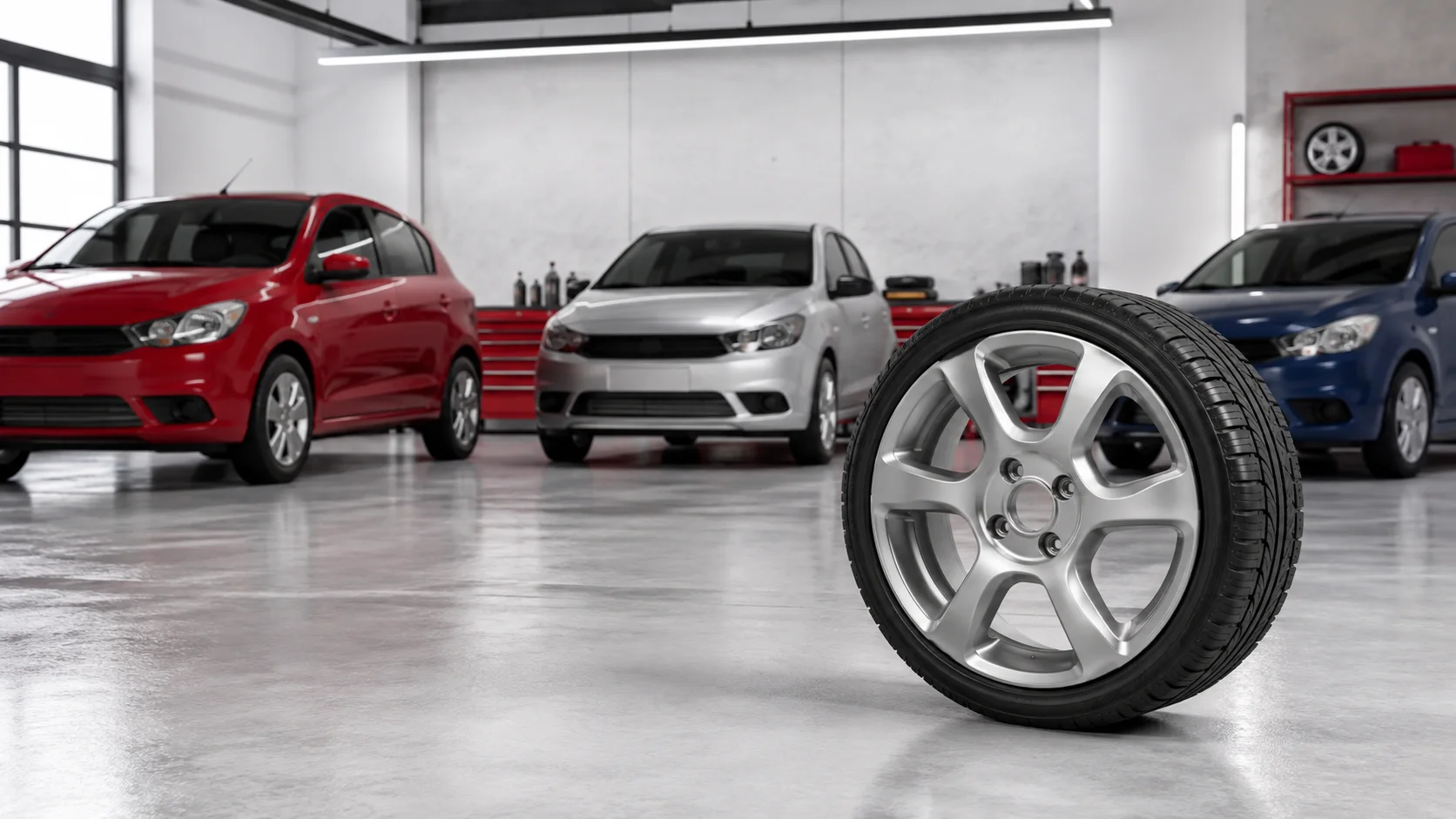 Roda de quatro furos em primeiro plano diante de três carros compactos sem logotipos