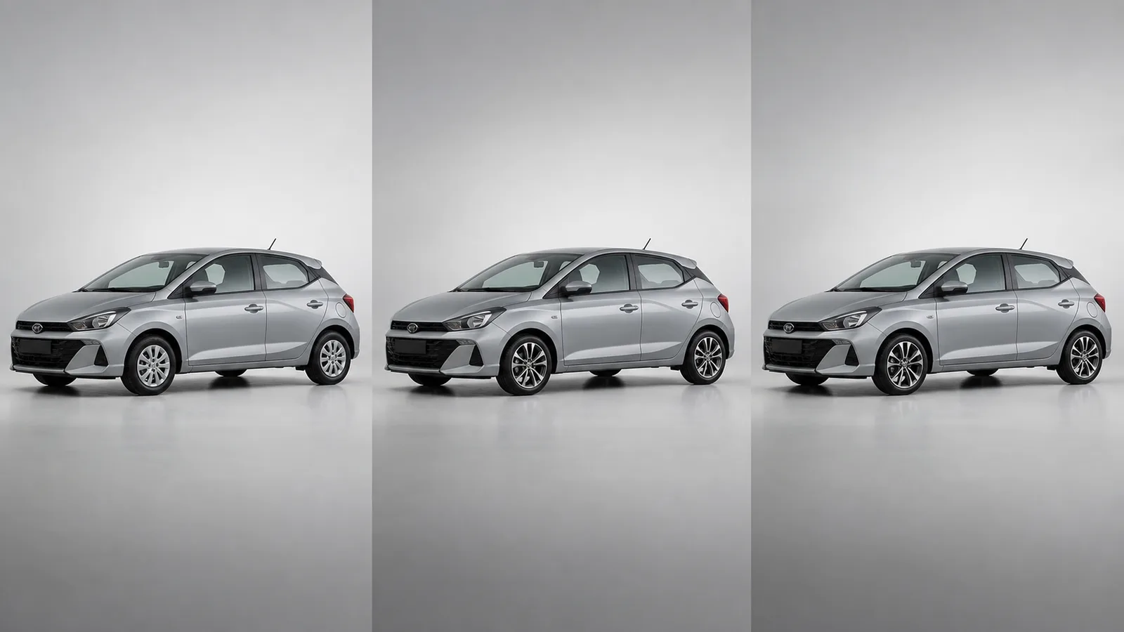 Comparação visual de um hatch compacto com rodas aro 14, 15 e 16 sem alterar a altura total do conjunto