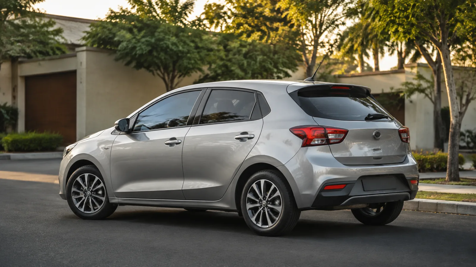 Hatch compacto brasileiro prateado em vista de três quartos com rodas visíveis