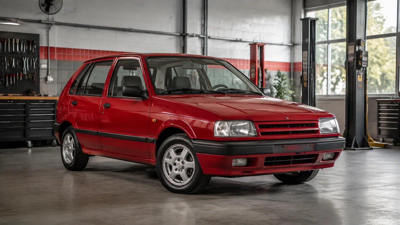 Hatch compacto brasileiro vermelho em vista de três quartos com as rodas visíveis
