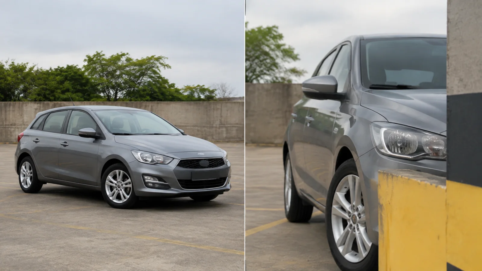 Comparação entre carro inteiro em três quartos e carro cortado atrás de uma coluna