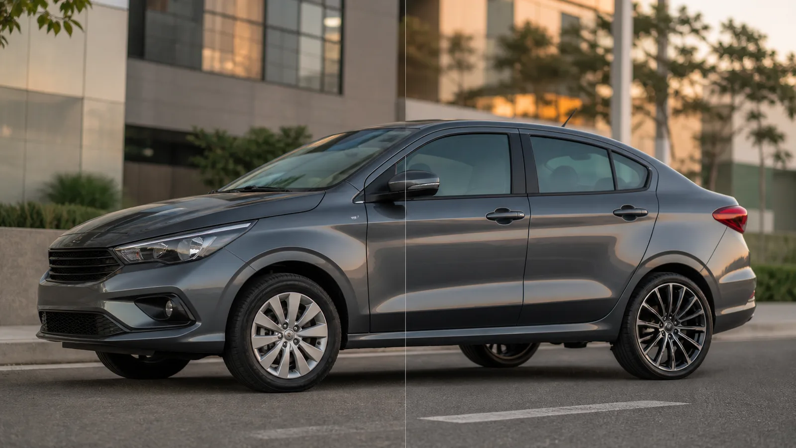 Comparativo antes e depois do mesmo carro com apenas as rodas alteradas